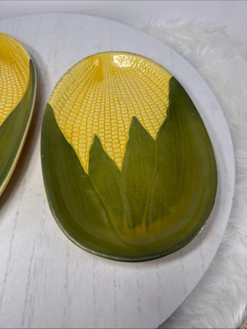 Vintage Lot of 2 Yellow and Green Corn-Shaped Ceramic Serving Platter